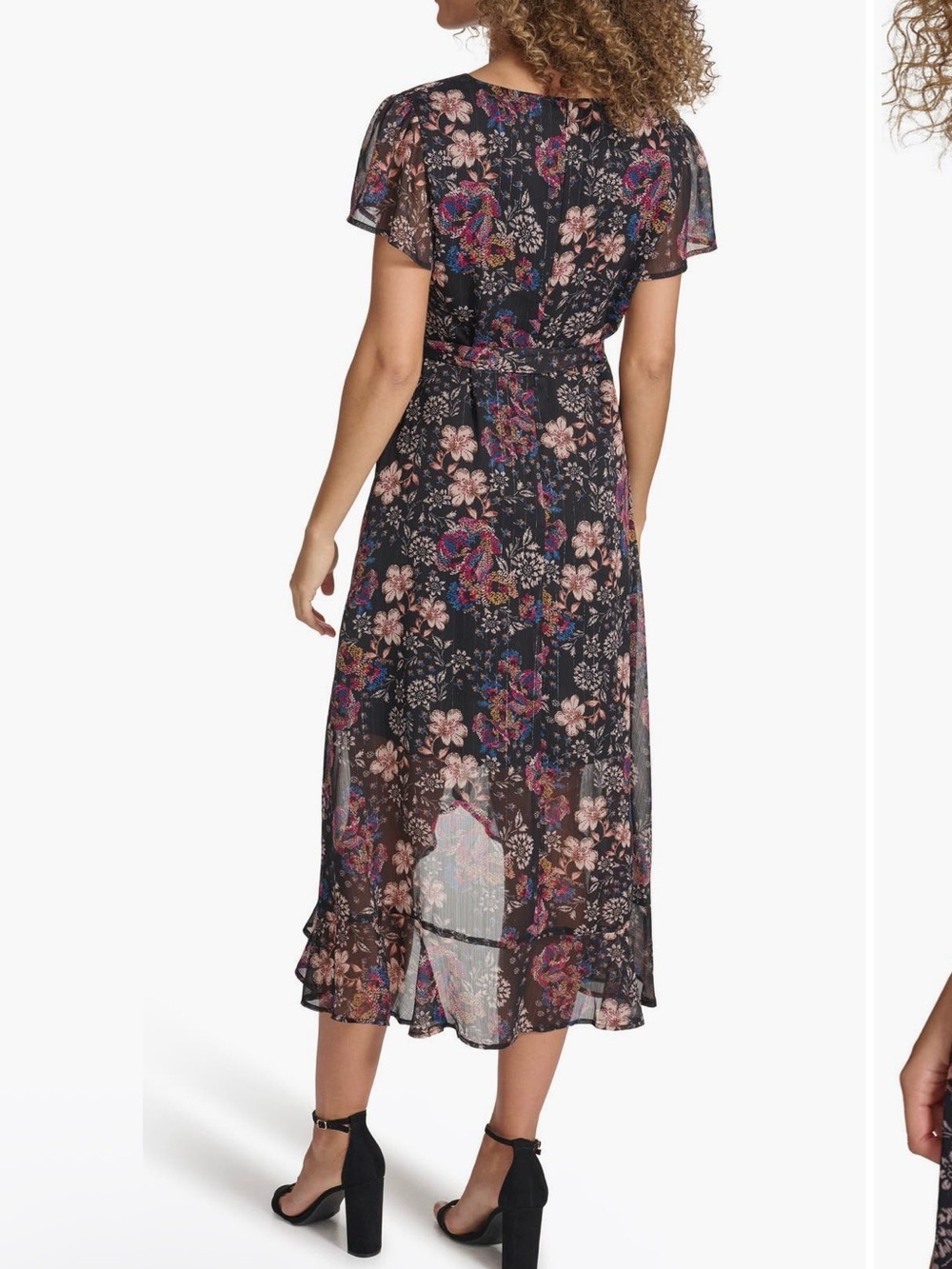 Kensie Black Floral High-Low Midi Dress with Pink & Purple Details - Picture 2 of 4